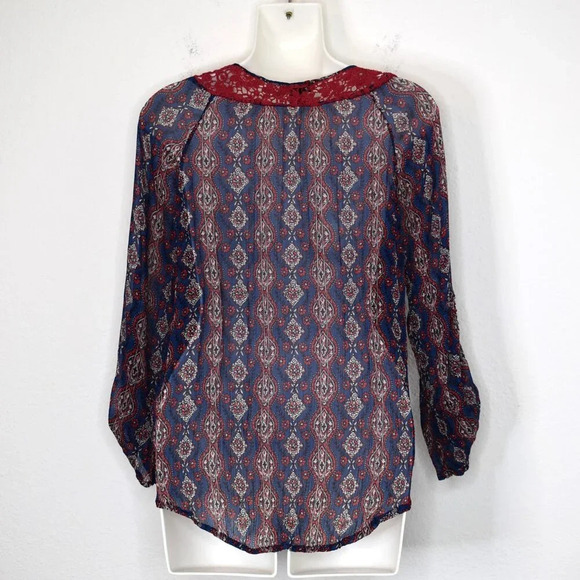 Lucky Brand Floral Crochet Peasant Blouse Sz M Crinkle Sheer Southwestern Boho - Picture 10 of 16